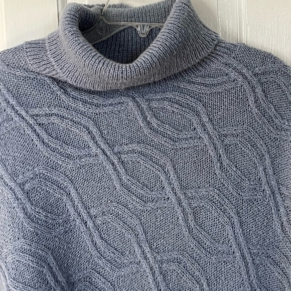 Cadenza Italy Mohair Blend Asymmetric Turtleneck Poncho Dusty Blue Cable Knit - Picture 3 of 12